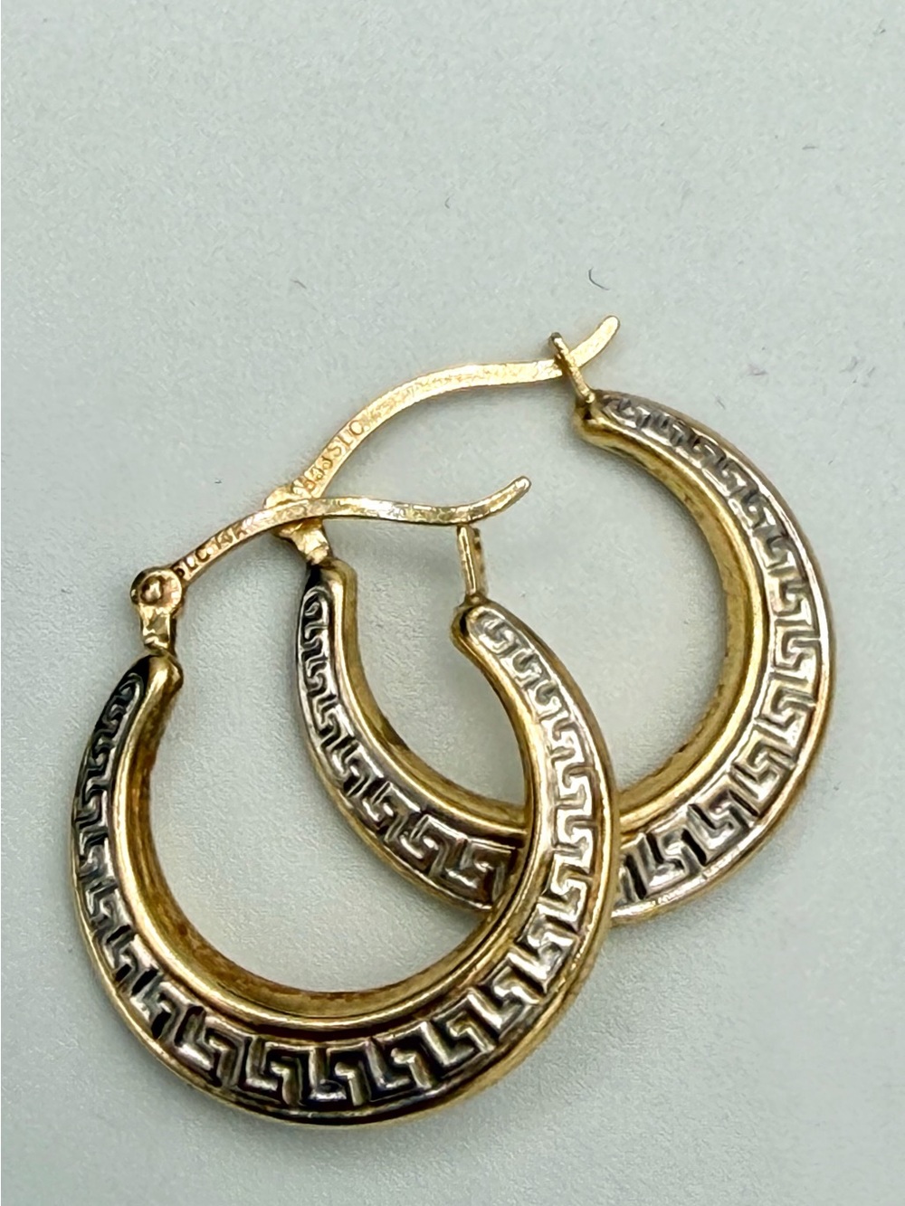 14k Gold Greek Key Hoop Earrings 585 White Gold and Yellow Gold 20mm 3/4” Hoops